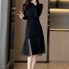 ViVEMO 端莊性感開衩長袖中長連身裙 04388, 黑色