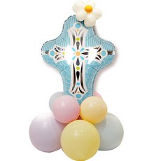 WOW PARTY KOREA 夏令聖經學校 十字架花朵氣球 + 氣球柱套組, 藍色(十字架氣球), 混合顏色(馬卡龍 30cm, 13cm), 隨機出貨(花朵造型長條氣球), 1套