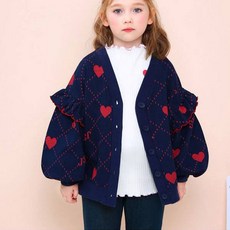 JELISPOON 女童款愛心菱格紋大荷葉邊泡泡袖針織開襟衫