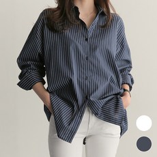 페이퍼먼츠 여성용 카라넥 루즈핏 스트라이프 긴팔 셔츠 06063