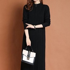 ATTERLIC 休閒拉鍊簡約線條羅紋長版連身裙 02708, 黑色