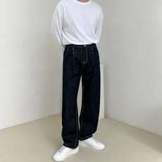 男款車線不褪色單褶束口寬版牛仔褲