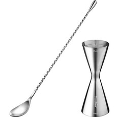 Casabeni 居家調酒雞尾酒全不鏽鋼計量量酒器 45ml / 60ml + 30cm吧叉匙套組, 混合色, 1套