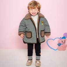 milk mile 童款愛心小熊刺繡絨毛翻領細格紋內絨毛外套