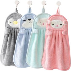 ZBIBI 可愛動物掛環擦手巾4件組, 灰色, 薄荷綠, 粉紅色, 藍色, 1套