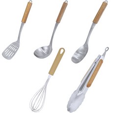 LEKE Needco 原木不鏽鋼廚具5件組, 濾孔鍋鏟 + 打蛋器 + 湯勺 + 料理夾 + 炒勺, 原木(棕色)