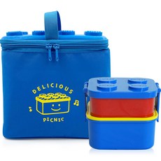 OXFORD TOY 兒童雙層便當盒 + 積木保溫保冷袋組合, 藍色, 1套