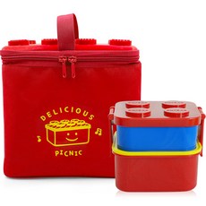 OXFORD TOY 兒童雙層便當盒 + 積木保溫保冷袋組合, 紅色, 1套