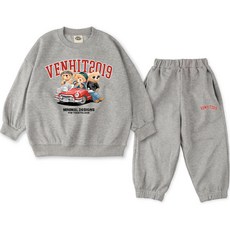 VENHIT 童款泰迪熊汽車圖案棉質雙面布大學T運動長褲組