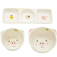 어린이 모이내츄럴 동물 식기 3종 세트, 돼지, 밥공기 + 국그릇 + 세칸접시, 1세트