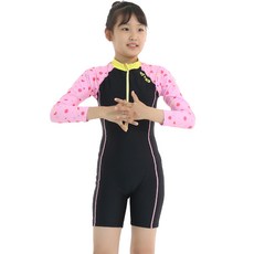 zetessport 女童連身拉鍊長袖三分泳衣 糖果粉 2074
