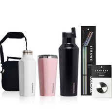 CORKCICLE. 酷仕客 大包裝 Canteen 保溫瓶 270ml 白色 + 隨行杯 470ml 玫瑰石英粉 + 591ml 黑色 + 不鏽鋼吸管 2入 + 通用瓶蓋 + 保冷袋組合, 1套, 混合色