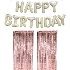 joyparty 鋁箔氣球 HAPPY BIRTHDAY 奶油色 + 派對鋁箔簾 玫瑰金 2件組, 混合色, 1套