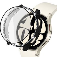 LuA lovel Galaxy Watch鋼化玻璃全包覆水鑽螢幕保護貼保護殼, 黑色
