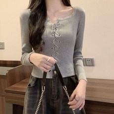 Goodif 女款方領綁帶短版針織上衣