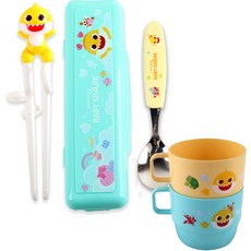 IJOUM 鯊魚寶寶立體餐具組, 1套, 多色混合, 學習筷 + 湯匙 + 收納盒 + 杯子
