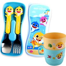 aizoum 幼兒鯊魚寶寶立體湯匙叉子盒組, 混合顏色, 湯匙 + 叉子 + 餐具盒 + 杯子 2入, 1套