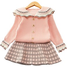 女童款可愛領子針織開襟衫+花紋針織裙套裝