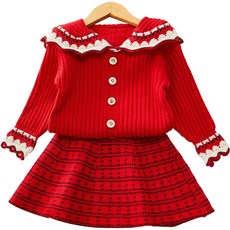 女童款可愛領子針織開襟衫+花紋針織裙套裝