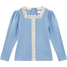 MARI N MORI 女童羅紋方領蕾絲T恤上衣