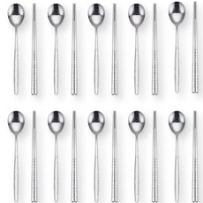 SMF 餐具 鎚紋鏡面 韓匙 10人份套組, 銀色, 湯匙 10p + 筷子 10p