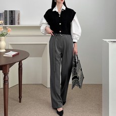 뜨개진 여성용 스판 벨트 와이드 핀턱 타지크 슬랙스