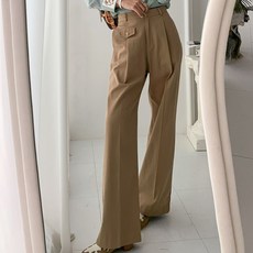 Tteugaejin 女款棉質重點口袋抓褶寬版Voir西裝褲