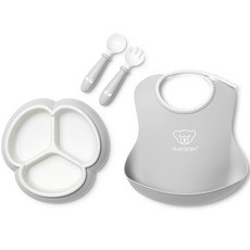 베이비뵨 베이비 밀타임 식기 세트, 그레이, 빕 + 플레이트 + 스푼 및 포크, 1세트
