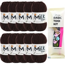 니뜨 밀크얀 뜨개실 50g x 10p + 뜨개 기본도구 세트, 16 다크브라운