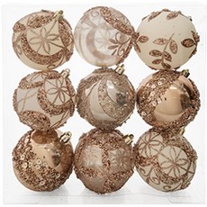 香檳金樹葉刻紋 聖誕樹裝飾球 9件組, 香檳色, 9個