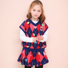 젤리스푼 여아용 아가일 체크 베스트 스커트 상하복 세트