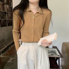 Paperments 女款開襟鈕扣翻領長袖針織開襟衫 06902