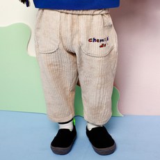 milk mile 童款可愛文字插圖刺繡燈芯絨羅紋長褲