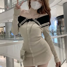 PEONIST 露肩鈕扣針織迷你連身裙, 象牙白