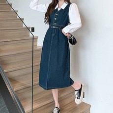 비비에모 쓰리버튼 레트로 청 원피스 04824