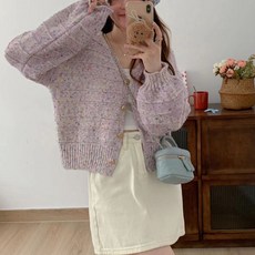 MEICHEL 女款柔軟V領泡泡袖溫柔風針織開襟衫 03697