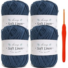 Knitt 柔軟亞麻編織線 70g x 4入 + 5/0號鉤針套組, 316丹寧, 1套
