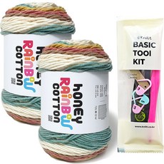 니뜨 허니 레인보우 코튼 뜨개실 100g x 2p + 뜨개 기본도구 세트, 524_베이지브라운, 1세트