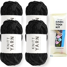 Knitt 蜂蜜絲絨線 100g x 4入 + 基本工具 7號 套組, 12 黑色