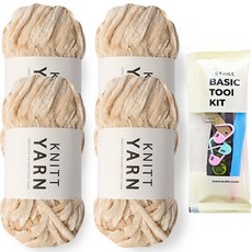 Knitt 蜂蜜絲絨線 100g x 4入 + 基本工具 7號 套組, 2 淺杏色