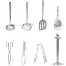 Home Power輕便不鏽鋼廚具 8支組, 單色, 湯匙+濾勺+鍋鏟+迷你刮刀+夾子+攪拌器+剪刀夾子+支架