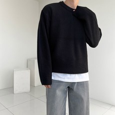 男款厚款寬鬆克羅夫圓領素色長袖針織衫