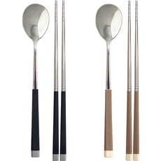 diyou Sangsang& 不鏽鋼韓式湯匙筷子 2人份組合, 黑色 + 棕色, 湯匙 2種 + 筷子 2種, 1套