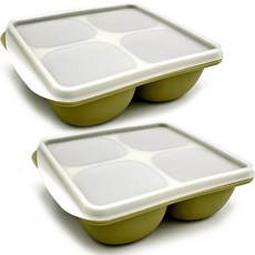 矽膠副食品製冰盒 4格冰塊模具 + 蓋子套組, 2套, 橄欖綠