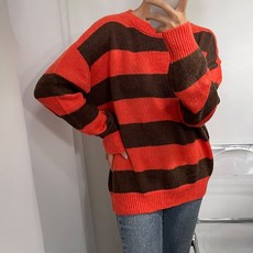 뜨개진 여성용 램스울 루즈핏 스트라이프 모이 라운드 니트