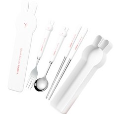 精緻可愛 幼兒用 可愛兔子餐具組 MP254, 白色, 湯匙 + 叉子 + 筷子 + 收納盒