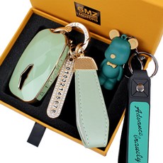 지엠지모터스 현대 자동차 전용 전용 TPU 스마트 키홀더 키링 케이스+전화번호 스트랩+가죽스트랩+곰돌이 열쇠고리 세트, 올리브그린, AG-04