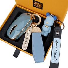 지엠지모터스 현대 자동차 전용 TPU 스마트 키홀더 키링 케이스+전화번호 스트랩+가죽스트랩+곰돌이 열쇠고리 세트, 그레이블루, AG-04