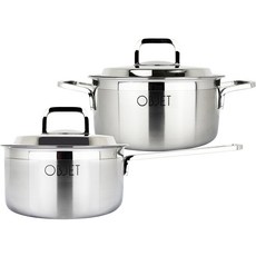 LOVE SONG Objet 電磁爐用三層不鏽鋼鍋具2件組, 銀色, 1套, 單柄鍋 16cm + 雙耳鍋 18cm