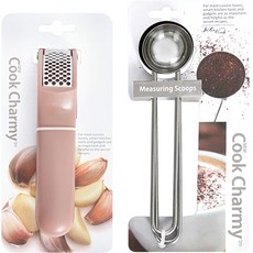 Cook Charmy 大蒜搗碎器 + 料理量匙 2件組, 大蒜搗碎器 + 料理量匙 2件, 粉紅色(大蒜搗碎器), 1套